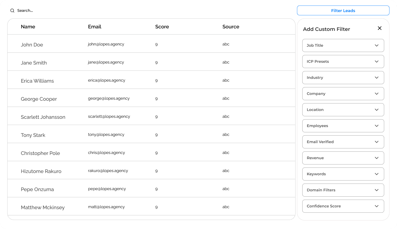 SQUIBB dashboard — lead scoring, campaign analytics, and pipeline management